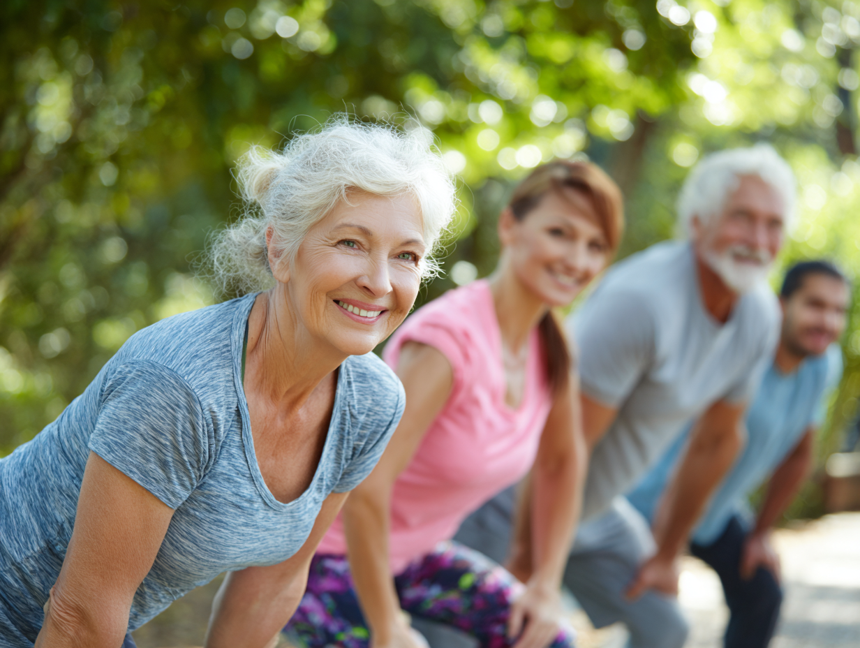 Grup divers de persoane practicând yoga în aer liber